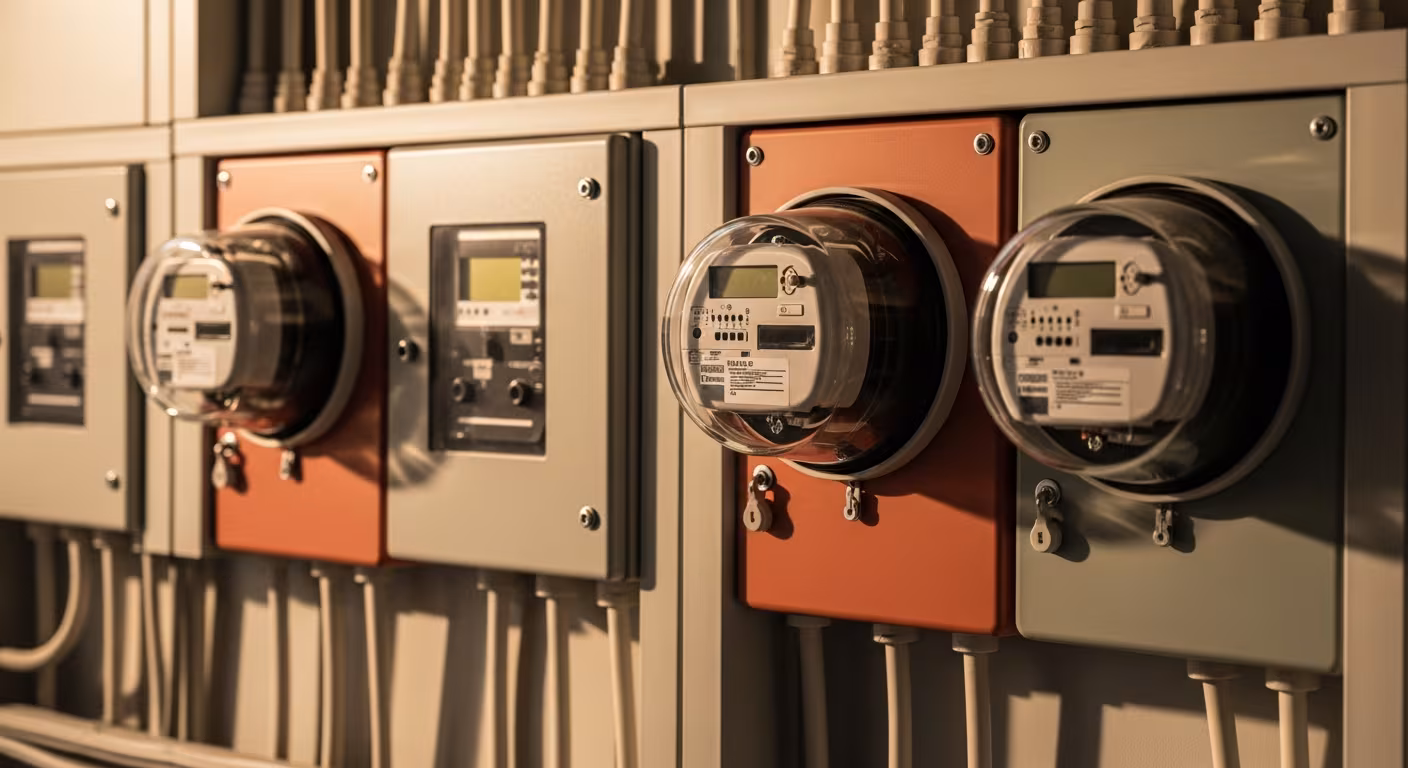 Modern commercial electricity meters and energy distribution panels on a utility wall