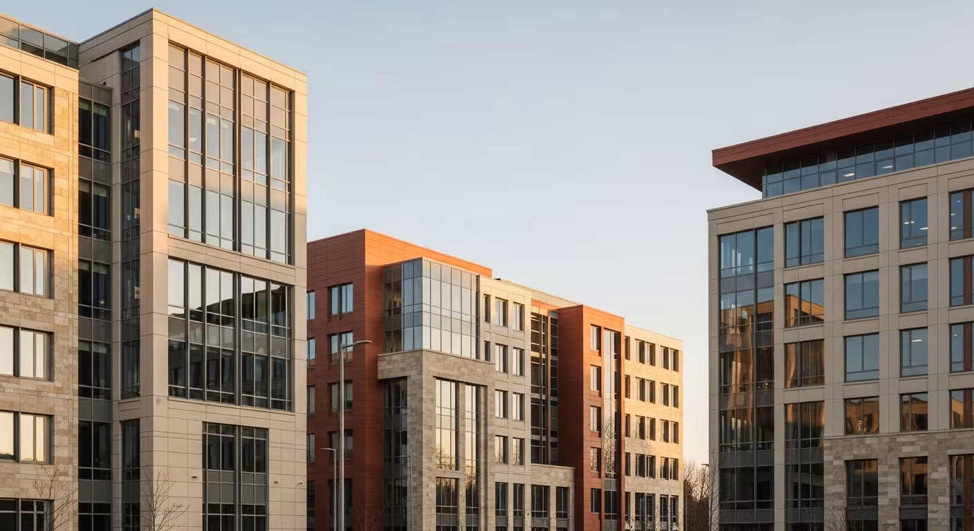 Cluster of modern commercial office buildings forming a mixed-use property portfolio