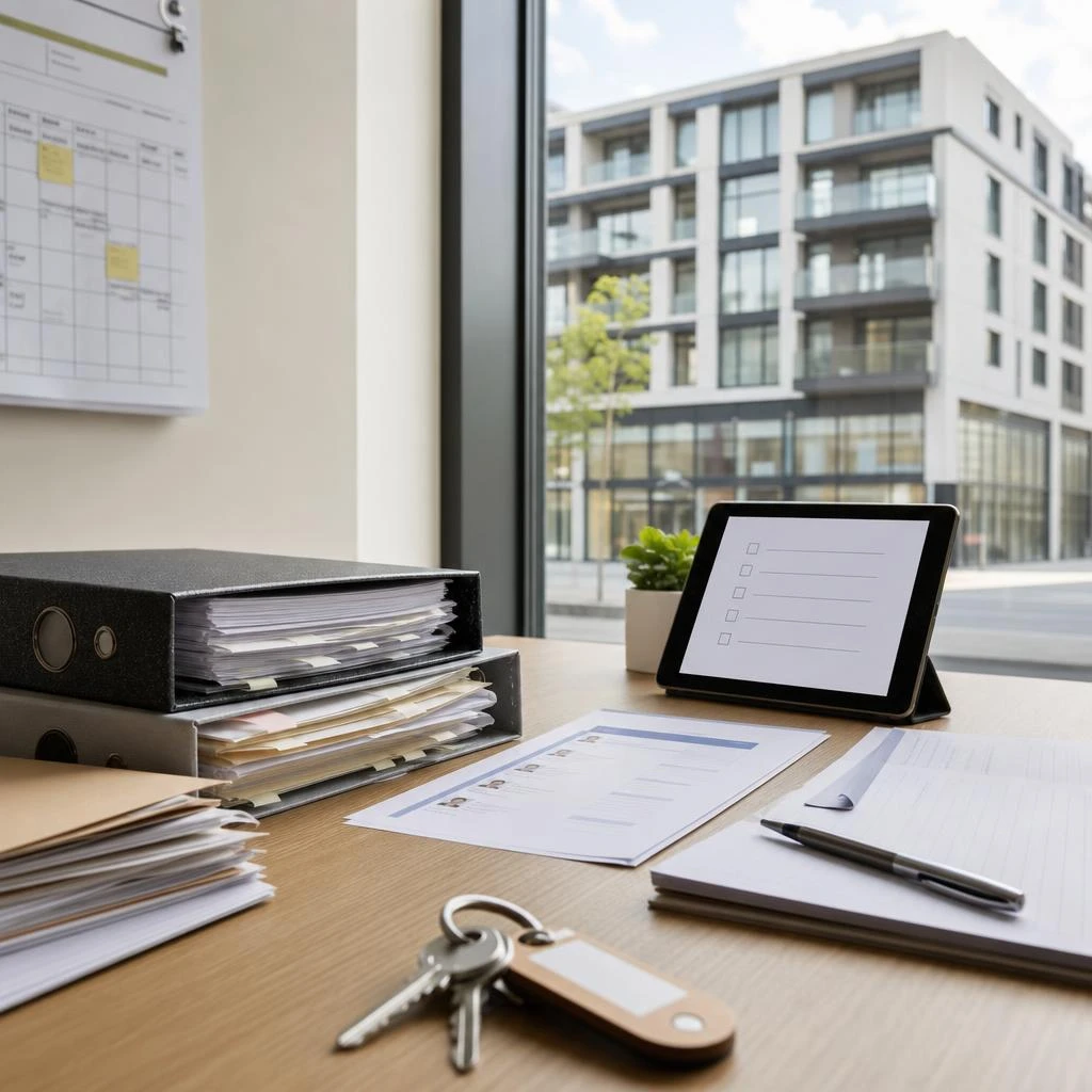 Property management handover files, keys and a building checklist