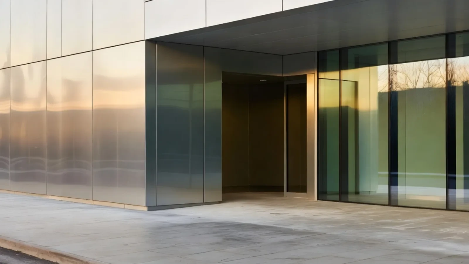 Modern metal and glass entrance at sunset