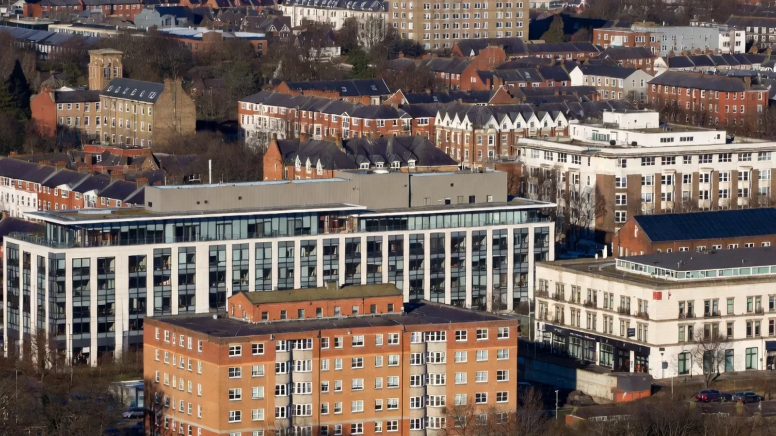 Aerial view of Nottingham city buildings
