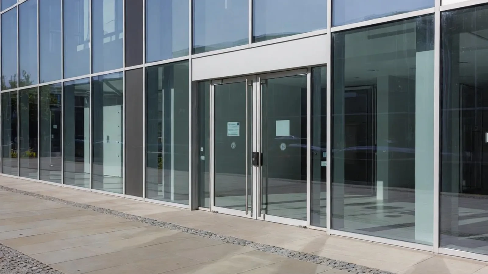 Modern glass office entrance with sliding doors