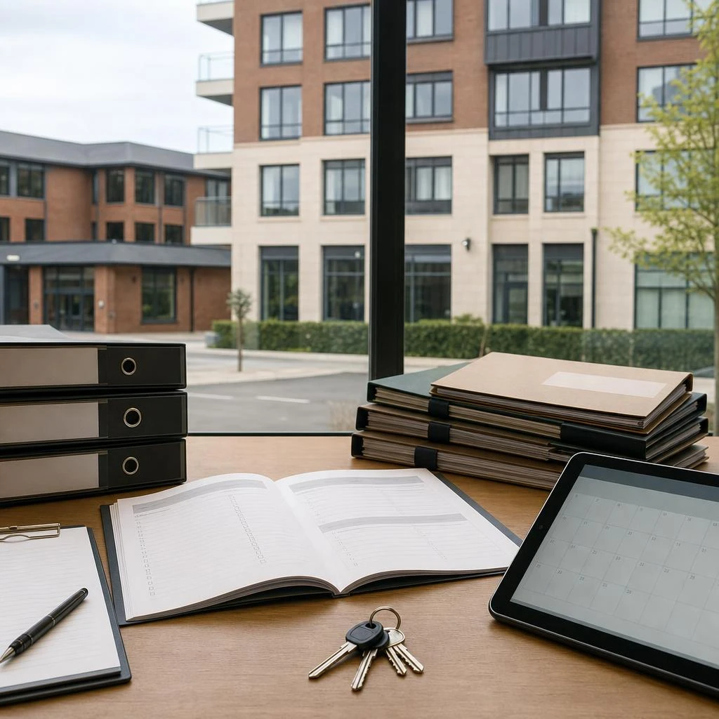 Organised property compliance records, keys and a review calendar beside a managed building