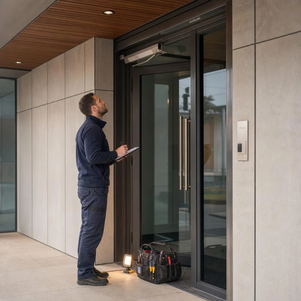 Maintenance contractor inspecting a commercial building entrance after a repair report
