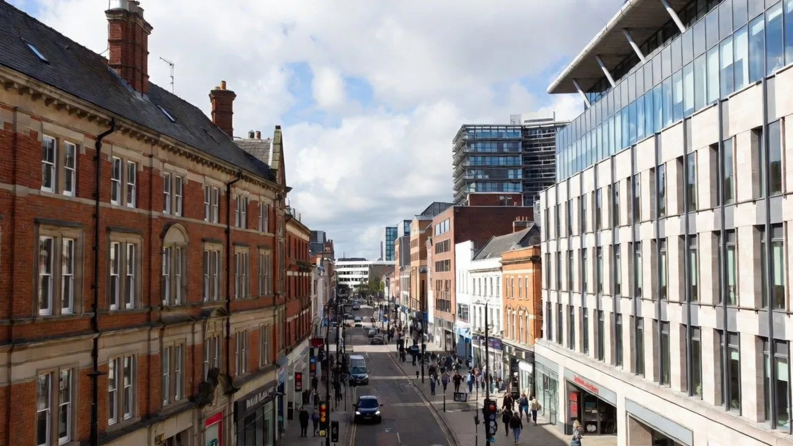 Brick commercial buildings and upper floors in an East Midlands city centre