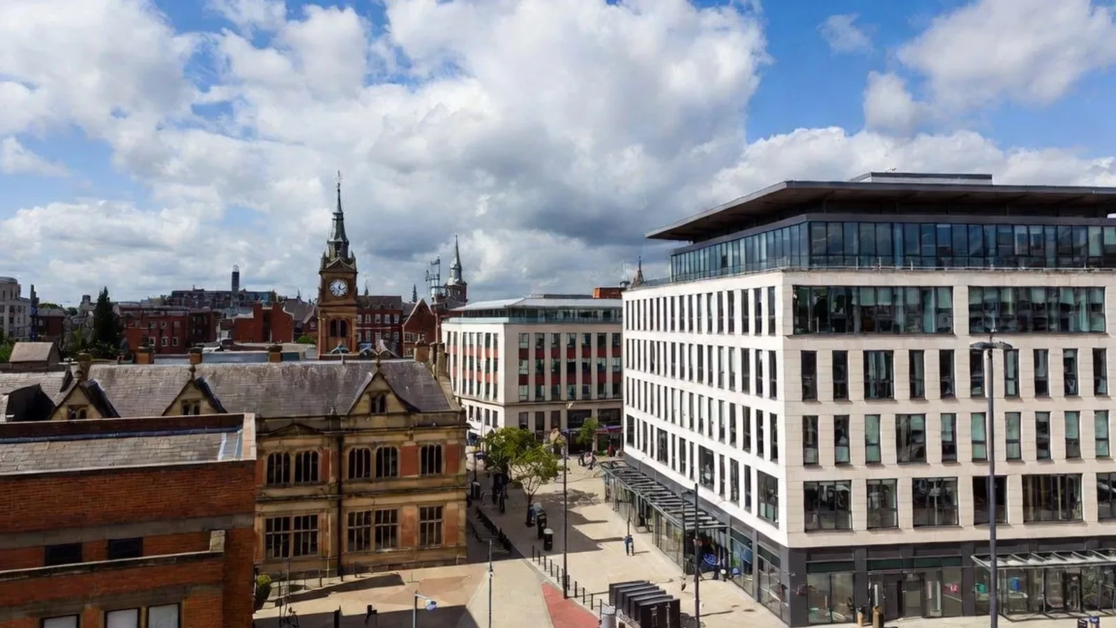 East Midlands city centre with commercial buildings and a civic square