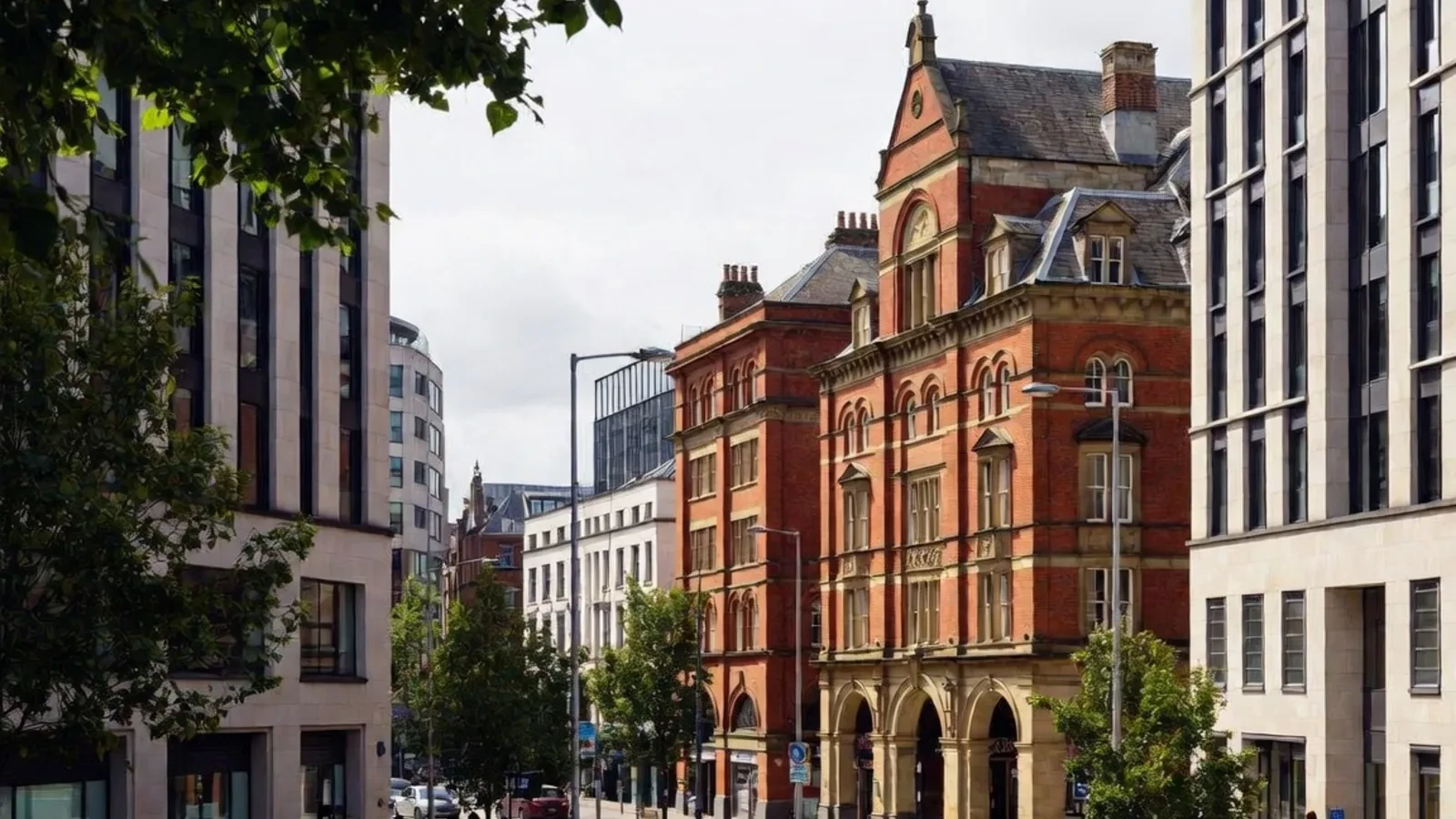 City-centre street with offices and historic commercial buildings