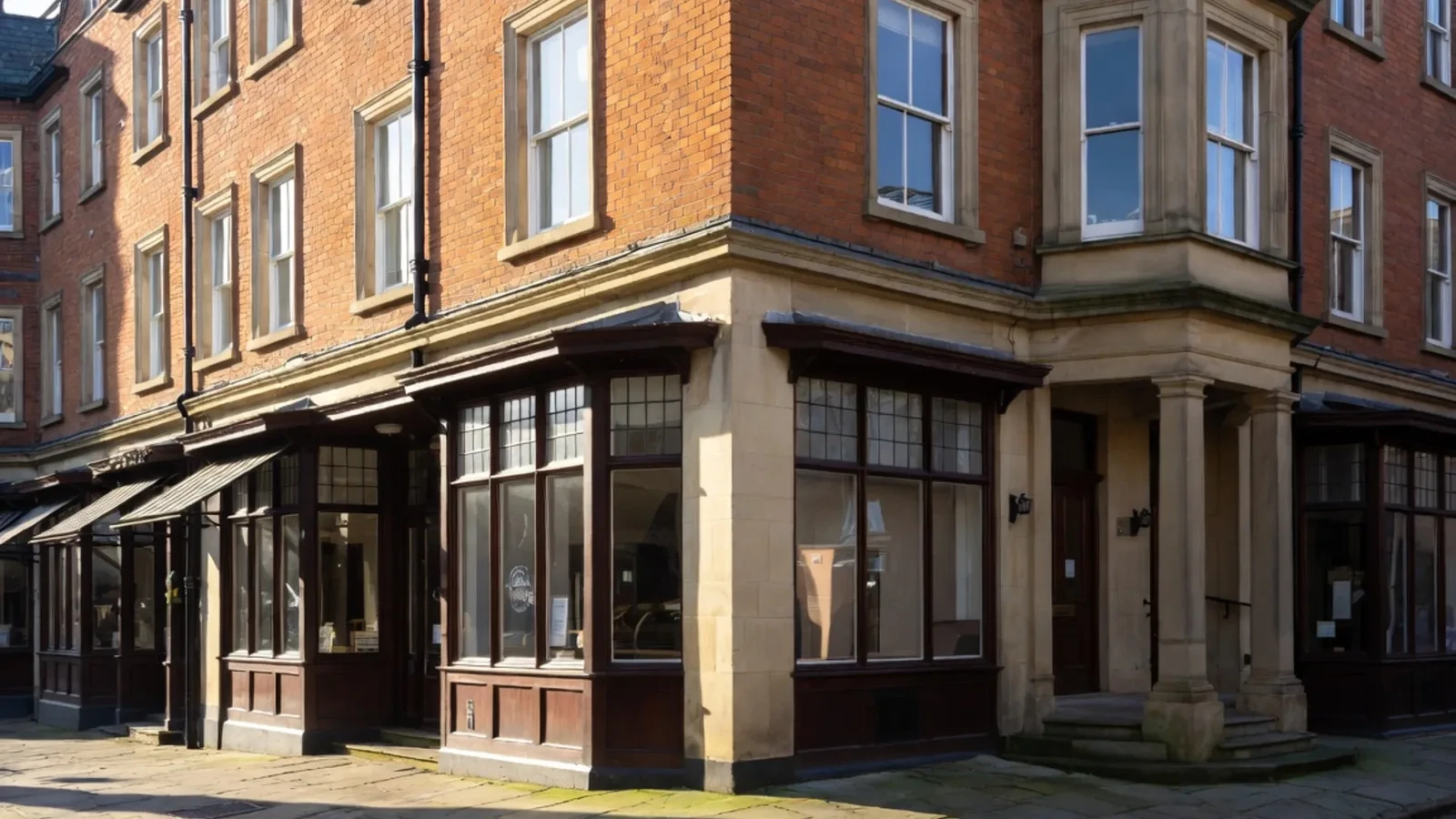 Corner Victorian brick building with shopfronts