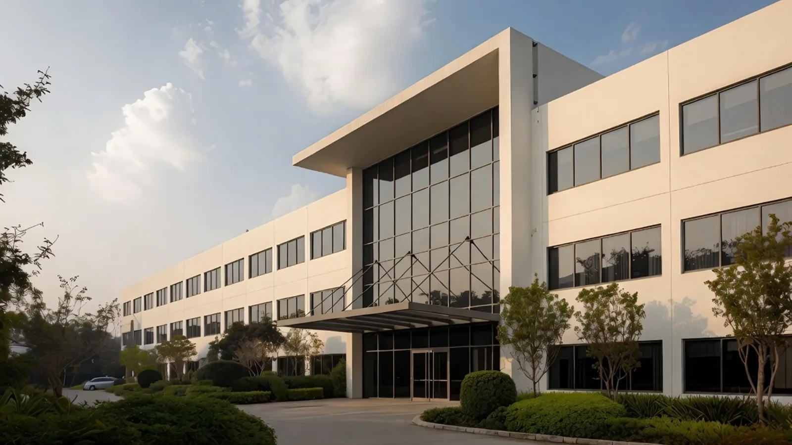 Large white office with dark windows and canopy entrance