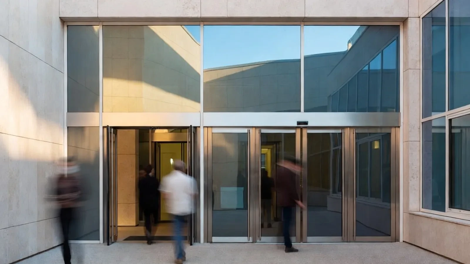 Modern glass entrance with stone and people