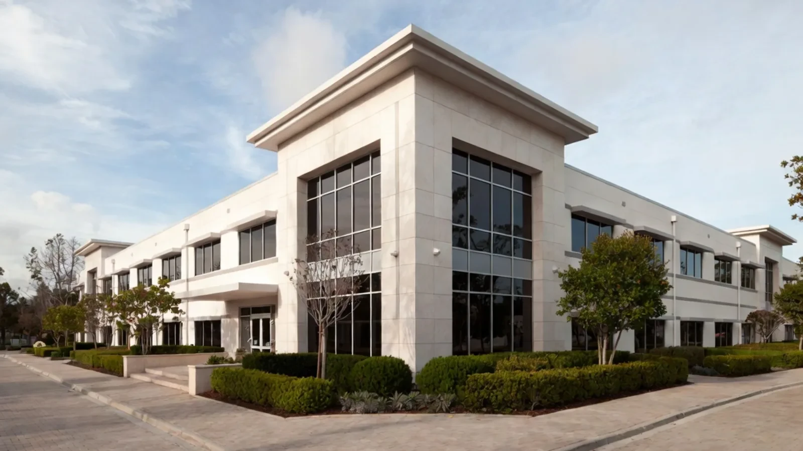 White stone office with large glass windows