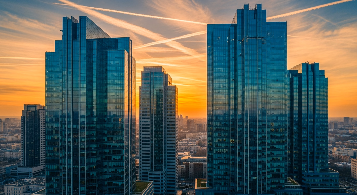 View looking up at tall commercial office towers against a clear blue sky